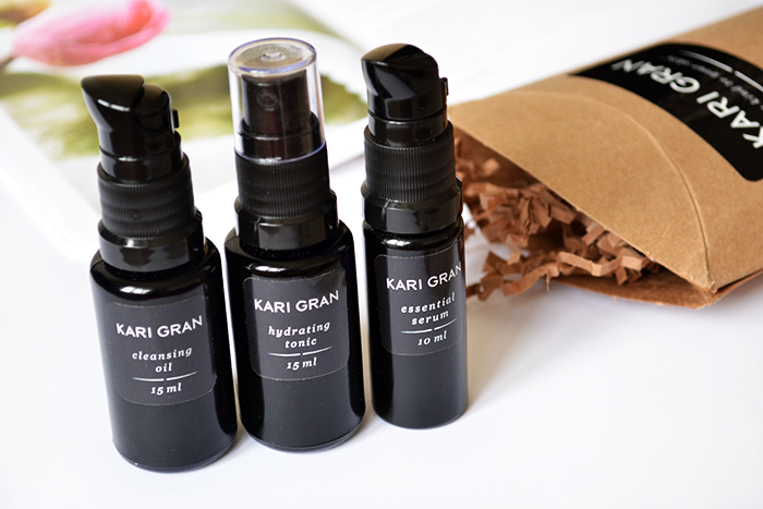 Review of Kari Gran natural and organic Skincare System, including Essential Cleansing Oil, Essential Lavender Hyrdrating Tonic and Essential Serum.