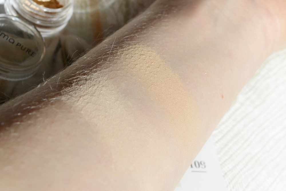 Swatches of Alima Pure Satin Matte Foundation in the shades Beige 1 and Beige 2