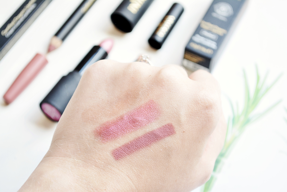 Swatches of INIKA Organic & natural lip products - including certified organic vegan lipstick in the shade Flushed, certified organic Lipstick Crayon (Pink Nude), and certified organic Lip Tint (Candy)