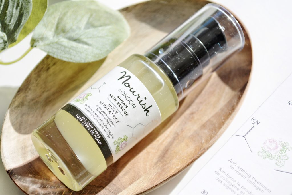 Review of Nourish London Argan Skin Rescue - an intensive face oil for dry, irritated and damaged skin to boost natural collagen and repair the skin. Nourish London is a British organic skincare brand with vegan, cruelty-free and natural ingredients