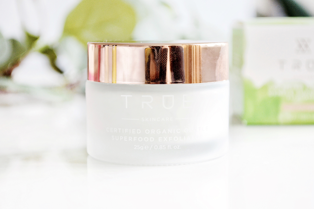 Review of TRUE Skincare Certified Organic Gentle Superfood Exfoliator - a powdered product to gently exfoliate dead skin cells.